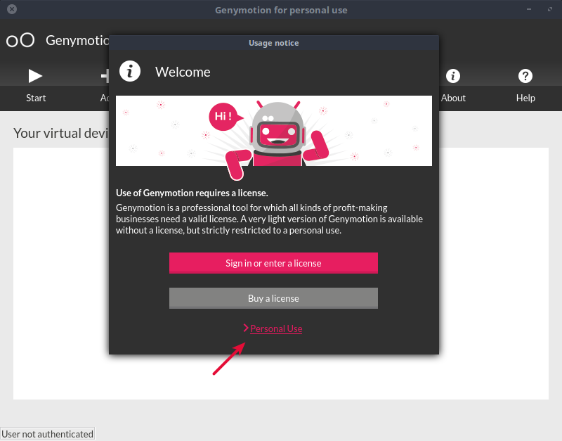 Pemilihan jenis lisensi Genymotion