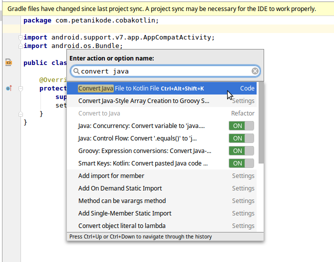 Cari Aksi untuk konversi Java ke Kotlin