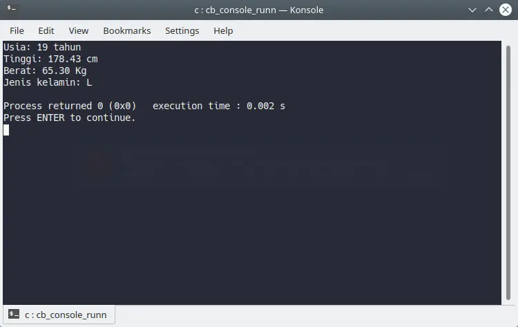 Output program dengan tipe data