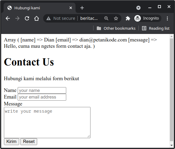 hasil input form contact