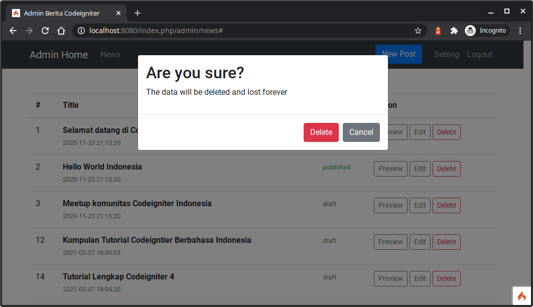 percobaan hapus data