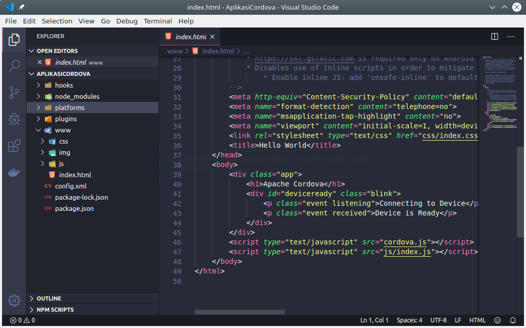 Aplikasi Cordova di teks editor VS Code