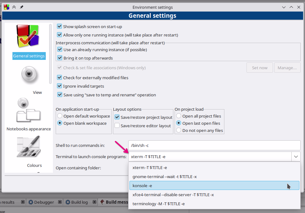 Memilih terminal console untuk codeblocks