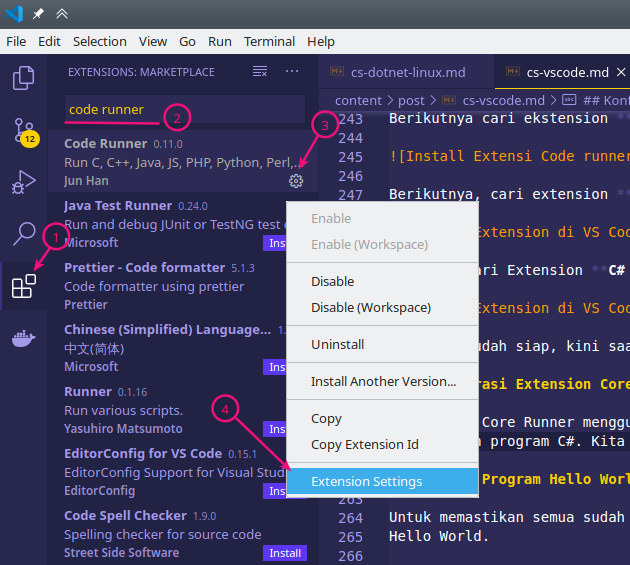 Setting extension Code runner