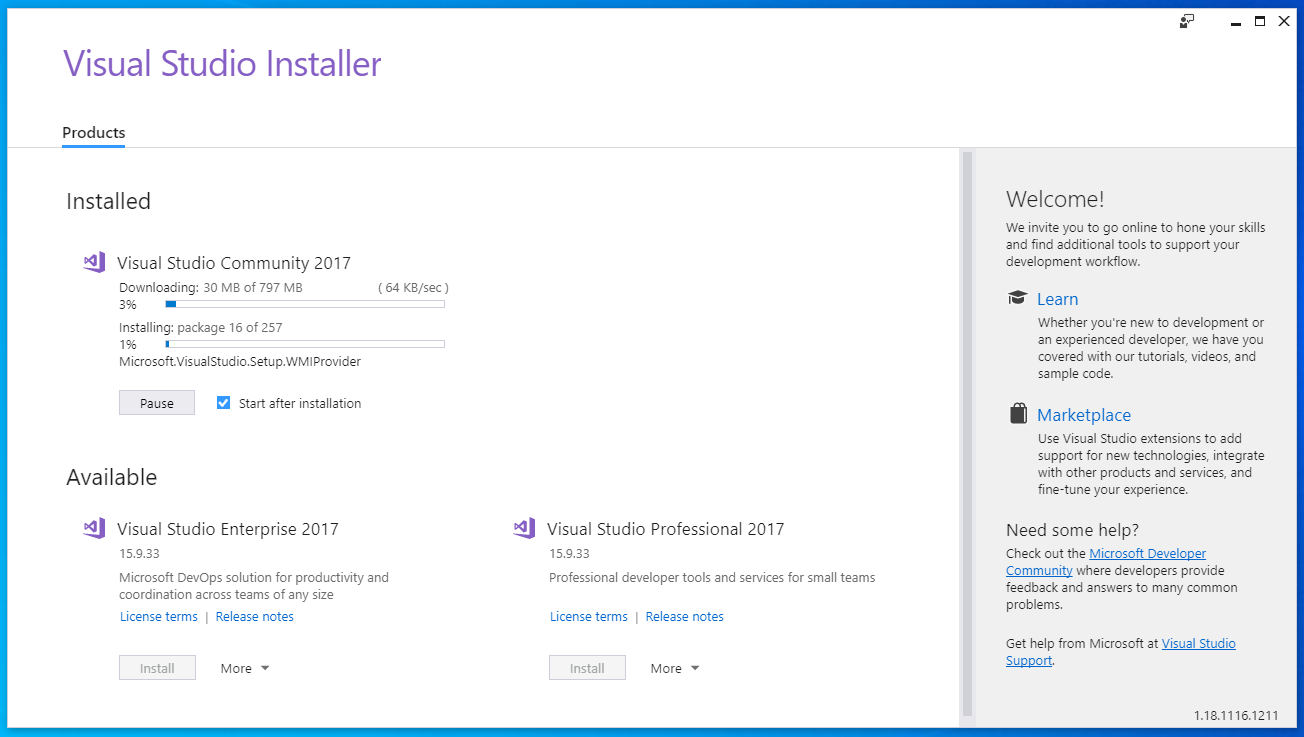 installing visual studio