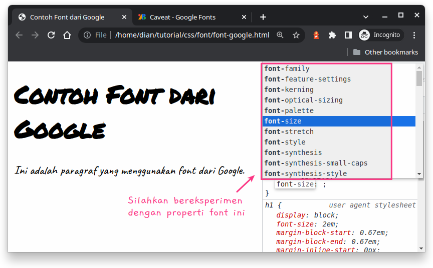 properti font di inspect element