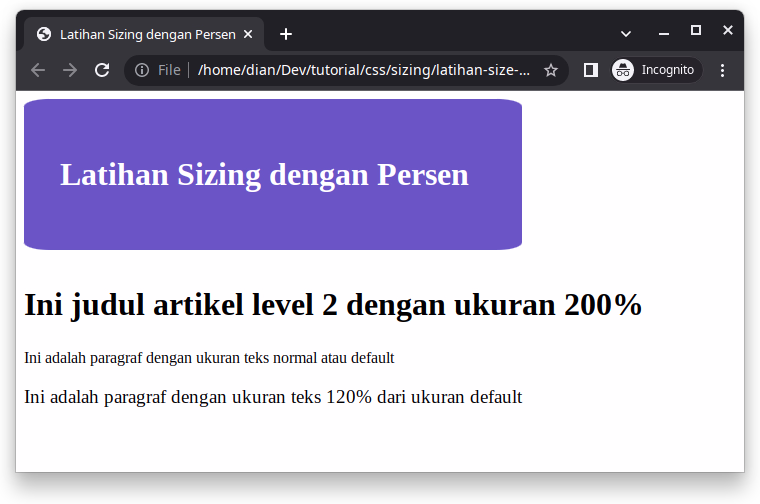Hasil latihan sizing dengan persen