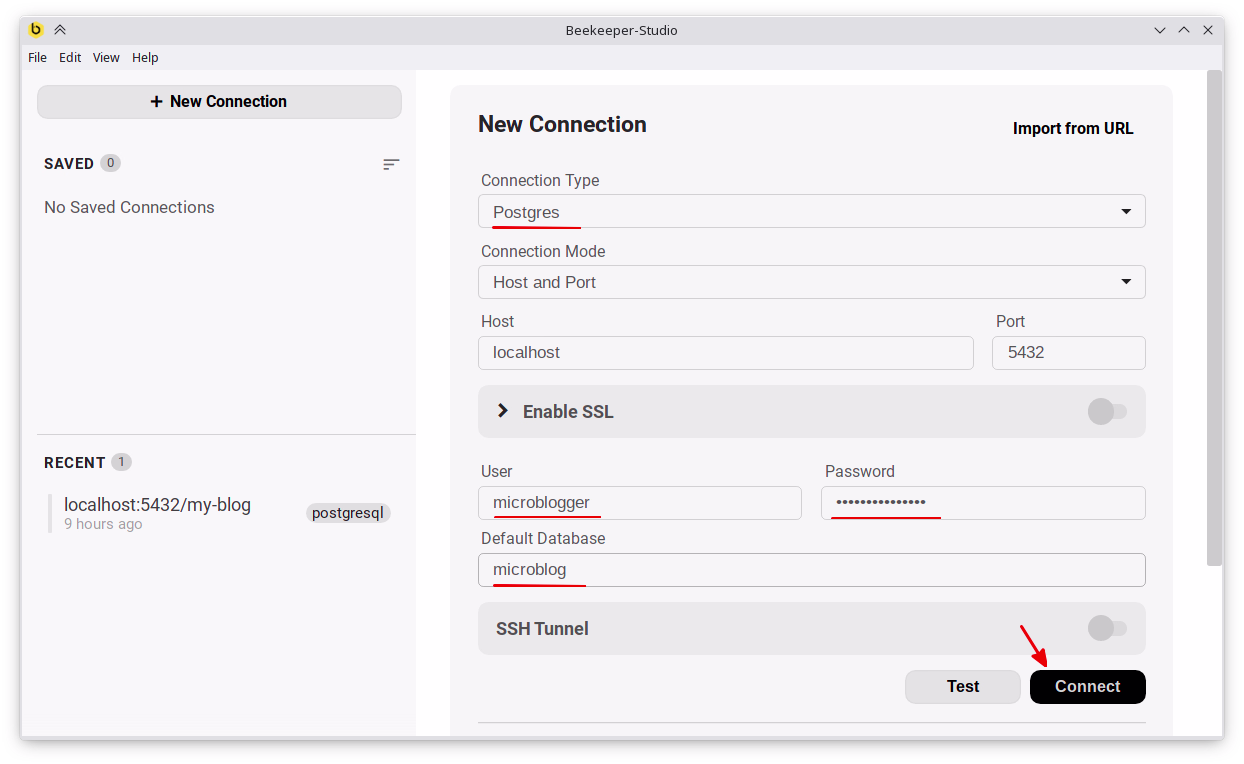 Konek ke database dengan beekeeper studio