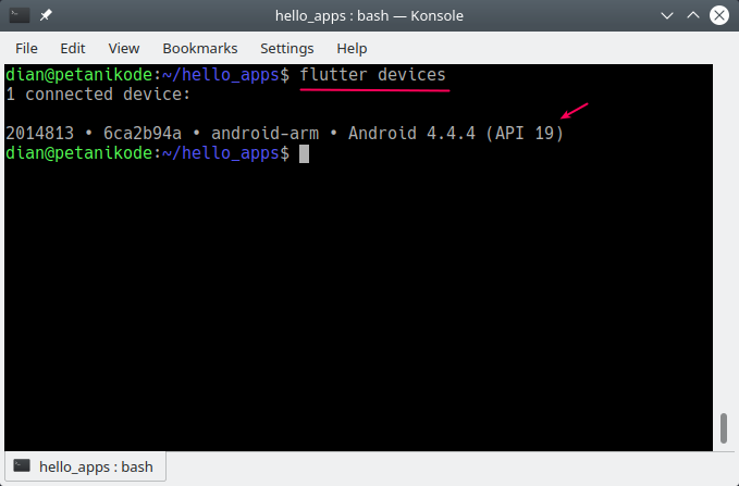 Melihat device untuk emulator flutter