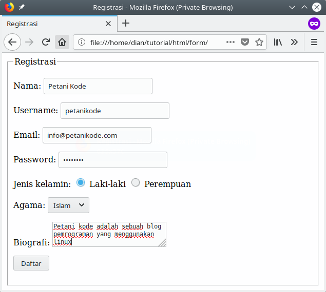 Form register dengan HTML