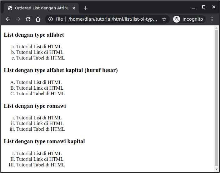 Contoh ordered list dengan type