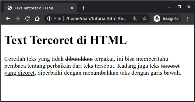 Contoh teks tercoret di HTMl