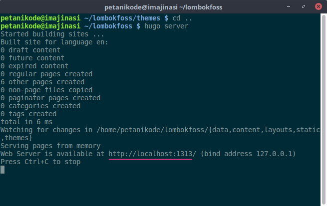 Menjalankan server hugo