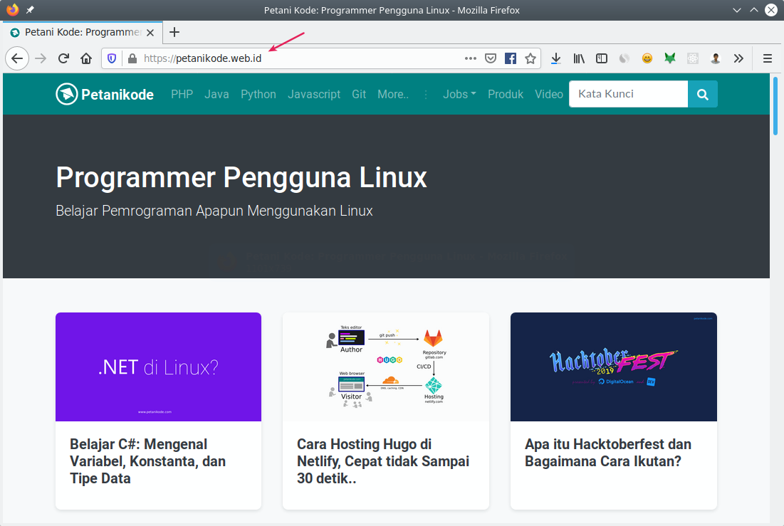 Hasil deploy Hugo ke CPanel menggunakan Git