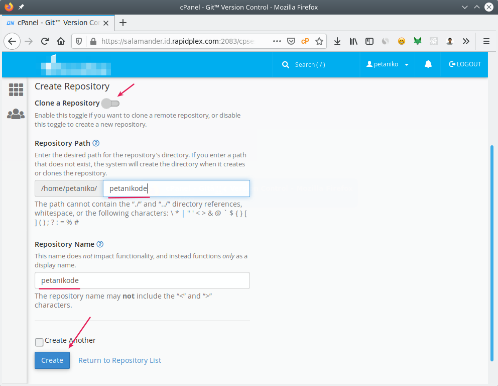 Membuat repositori kosong di cpanel