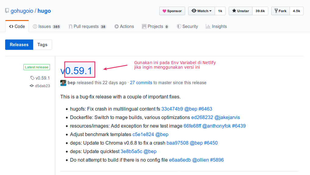 Versi Hugo yang digunakan pada Netlify
