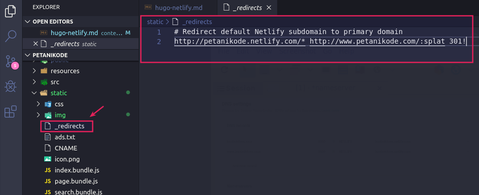 redirect halaman di Hugo