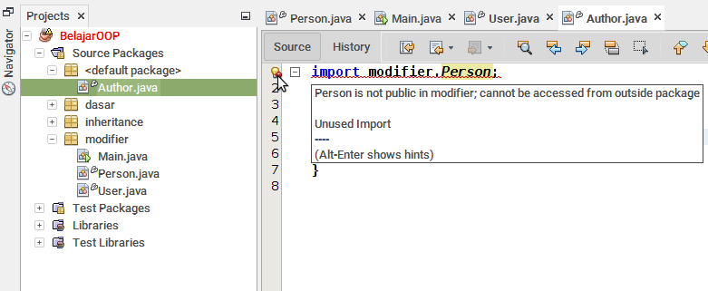 Percobaan mengakses class Person dari luar package Percobaan mengakses class Person dari luar package