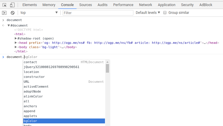 Objek document di console