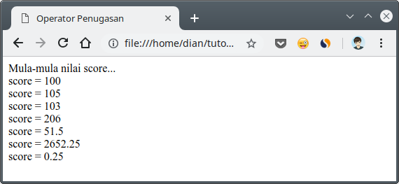 Contoh operator penugasan pada Javascript