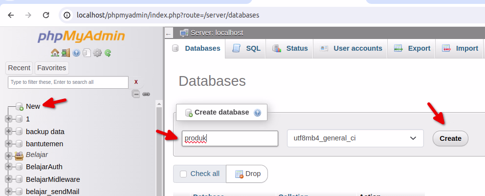 Membuat database baru di phpmyadmin