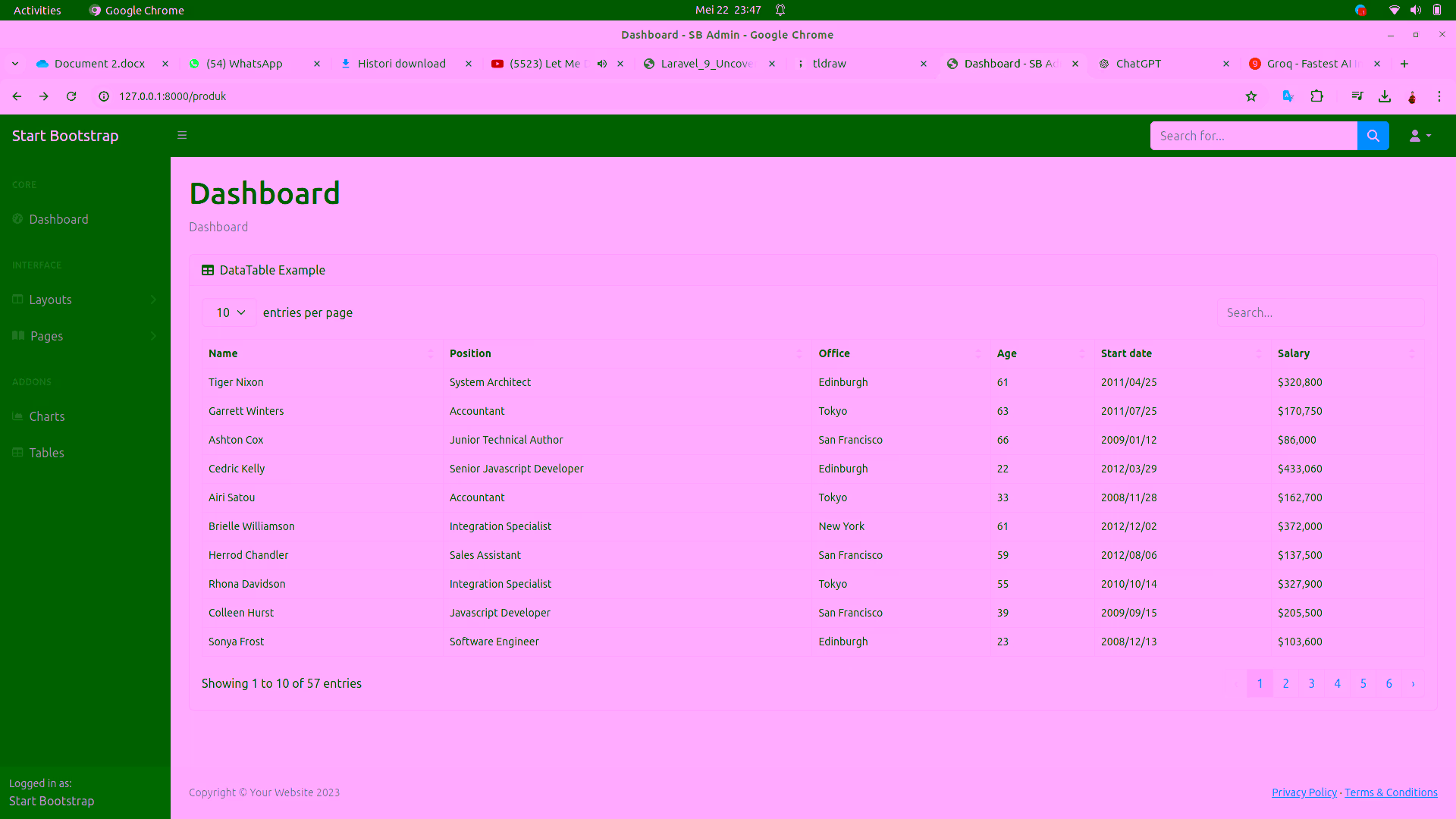 Tampilan template bootstrap tanpa grafik chart