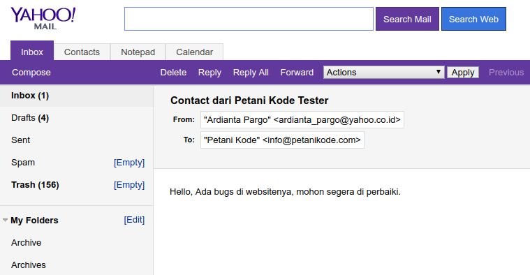 Inbox email berhasil diterima