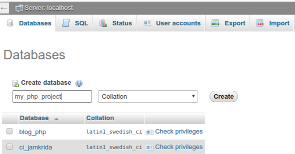 Membuat database baru untuk Phinx