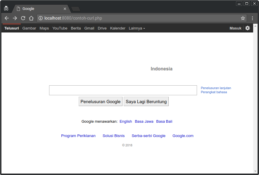 Contoh Hasil Eksekusi CURL ke Google