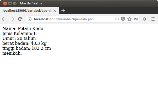 Hasil Program Variabel dan tipe data PHP