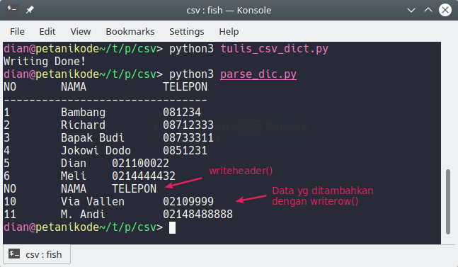 Menulis data dictionary ke CSV