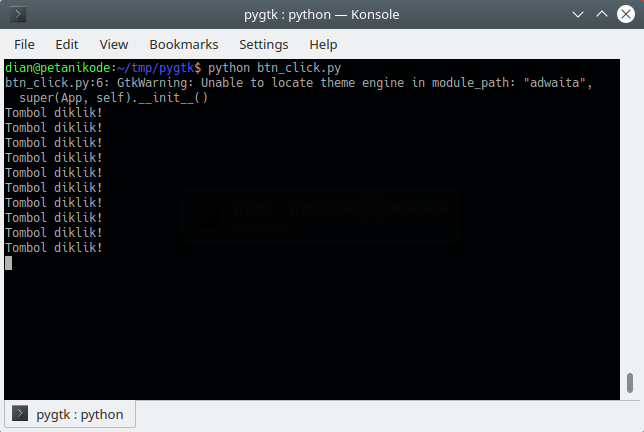 Terminal saat tombol diklik