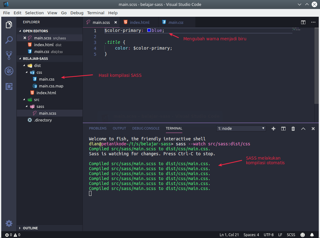 Menggunakan watch pada SASS