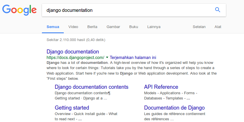Pencarian dokumentasi dari Google