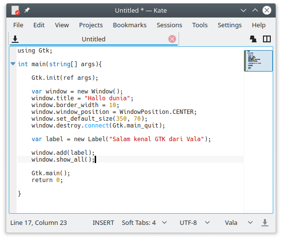 Teks editor Kate untuk menulis program Vala Teks editor Kate untuk menulis program Vala
