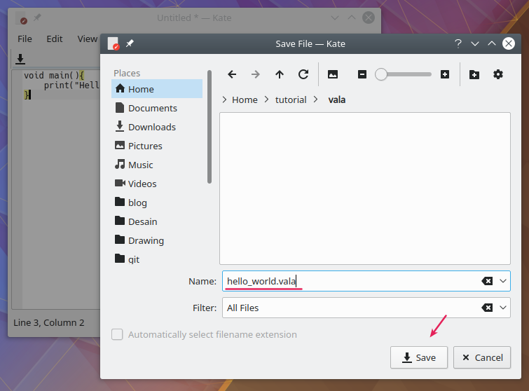 Menyimpan kode program vala