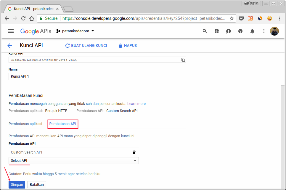 Pengaturan batasan penggunaan API Key